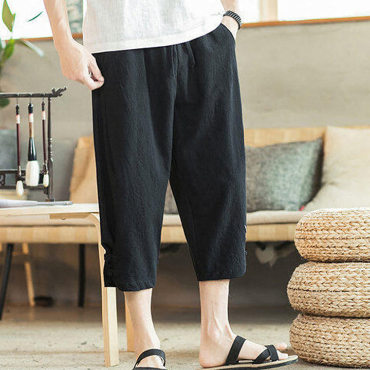 Pantalon sarouel court en coton avec poches pour homme, broderie de grues et de Buddha Stones - image 24