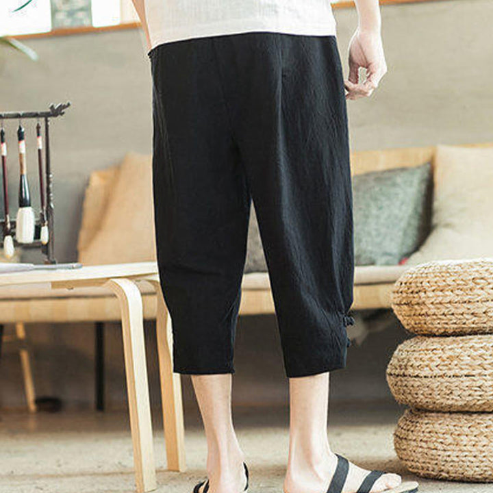 Pantalon sarouel court en coton avec poches pour homme, broderie de grues et de Buddha Stones - image 25