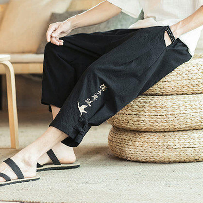 Pantalon sarouel court en coton avec poches pour homme, broderie de grues et de Buddha Stones - image 27