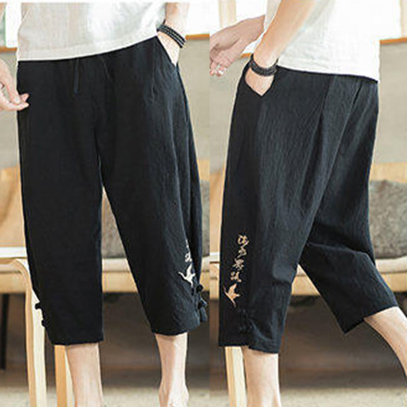 Pantalon sarouel court en coton avec poches pour homme, broderie de grues et de Buddha Stones - image 29