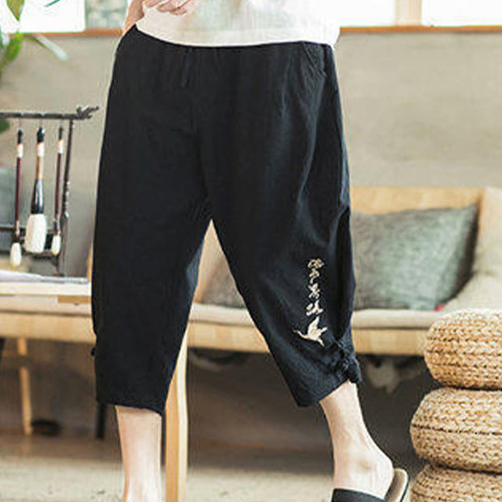 Pantalon sarouel court en coton avec poches pour homme, broderie de grues et de Buddha Stones - image 28