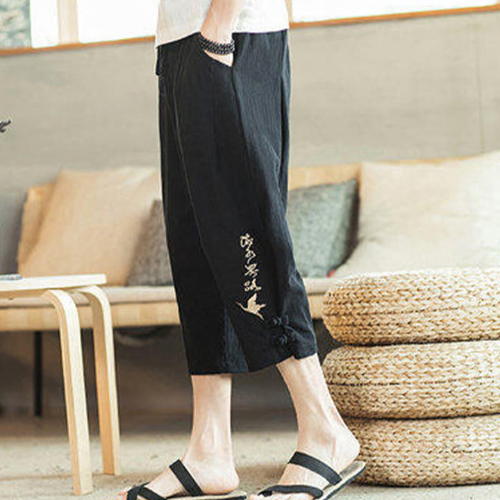 Pantalon sarouel court en coton avec poches pour homme, broderie de grues et de Buddha Stones - image 26