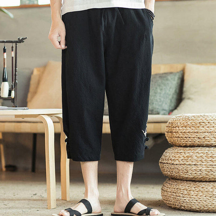 Pantalon sarouel court en coton avec poches pour homme, broderie de grues et de Buddha Stones - image 23