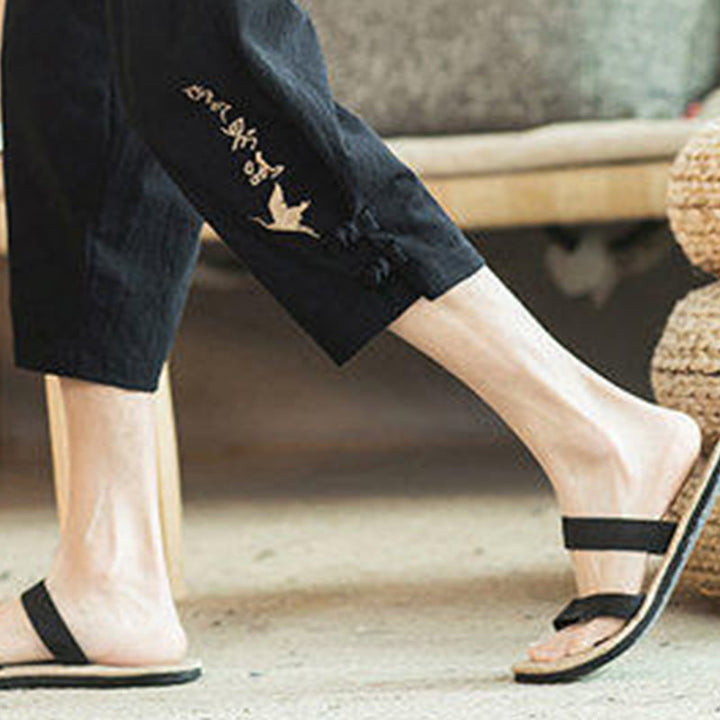 Pantalon sarouel court en coton avec poches pour homme, broderie de grues et de Buddha Stones - image 30