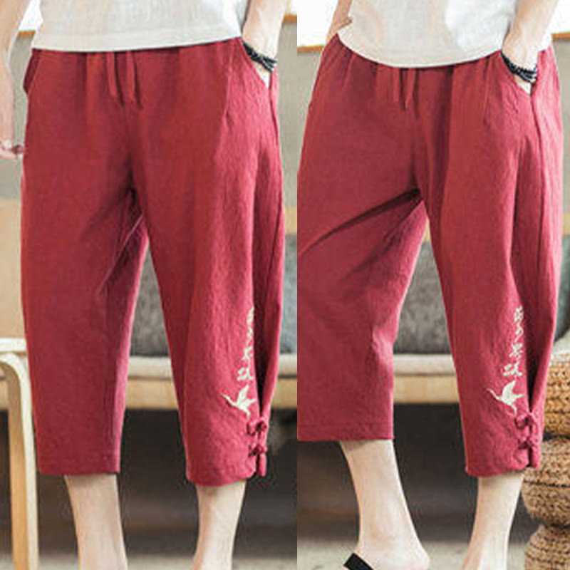 Pantalon sarouel court en coton avec poches pour homme, broderie de grues et de Buddha Stones - image 34