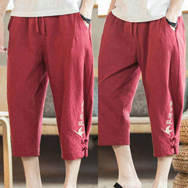 Pantalon sarouel court en coton avec poches pour homme, broderie de grues et de Buddha Stones - image 34