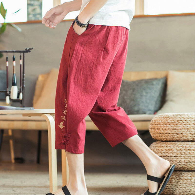 Pantalon sarouel court en coton avec poches pour homme, broderie de grues et de Buddha Stones - image 37