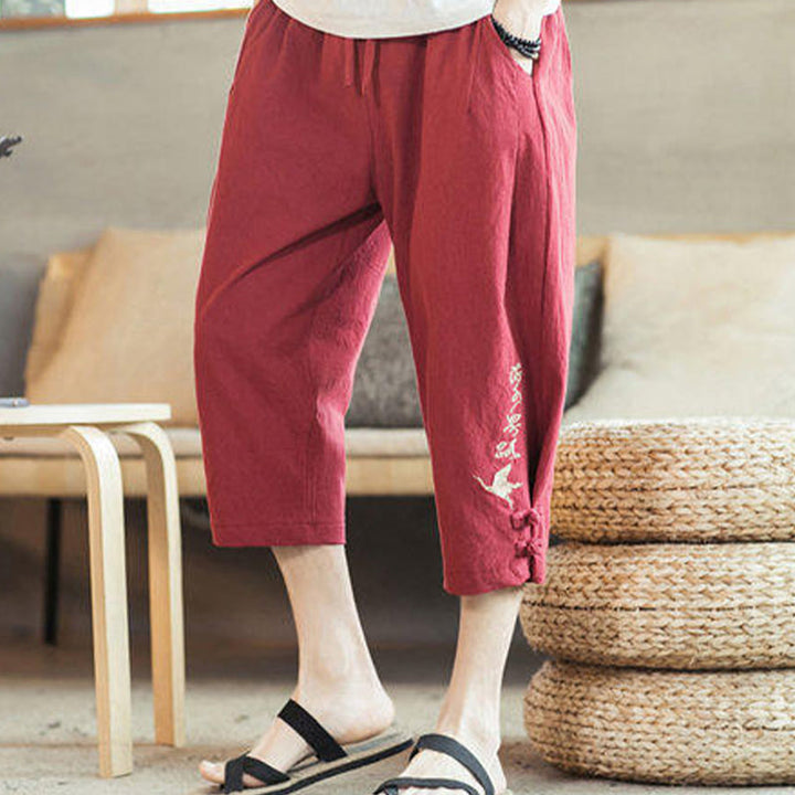 Pantalon sarouel court en coton avec poches pour homme, broderie de grues et de Buddha Stones - image 40