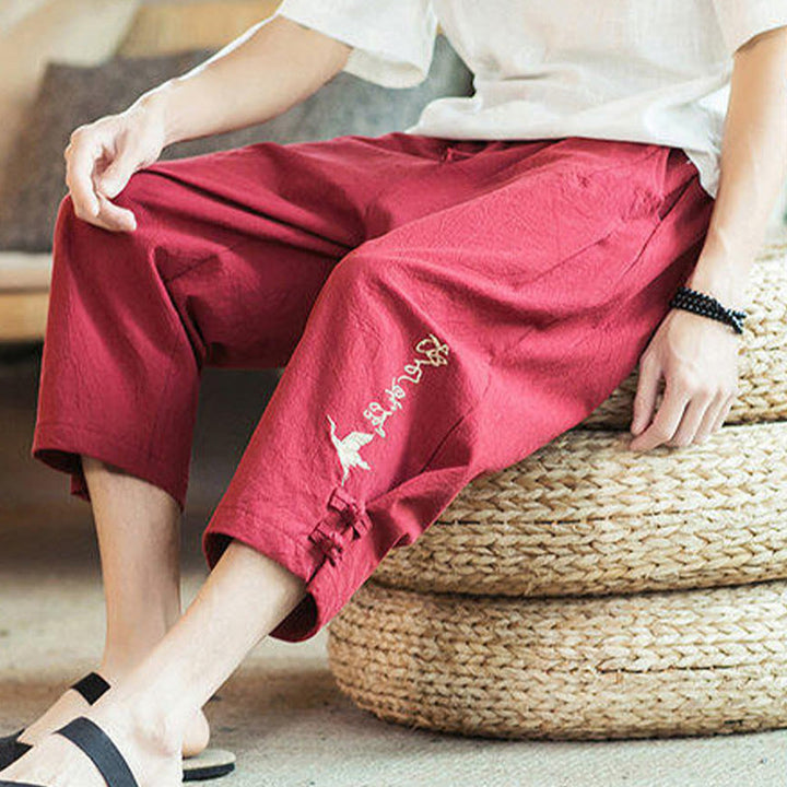 Pantalon sarouel court en coton avec poches pour homme, broderie de grues et de Buddha Stones - image 36