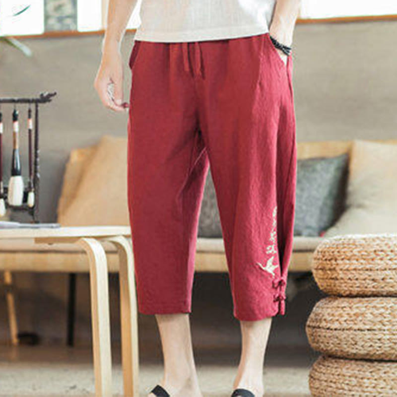 Pantalon sarouel court en coton avec poches pour homme, broderie de grues et de Buddha Stones - image 39