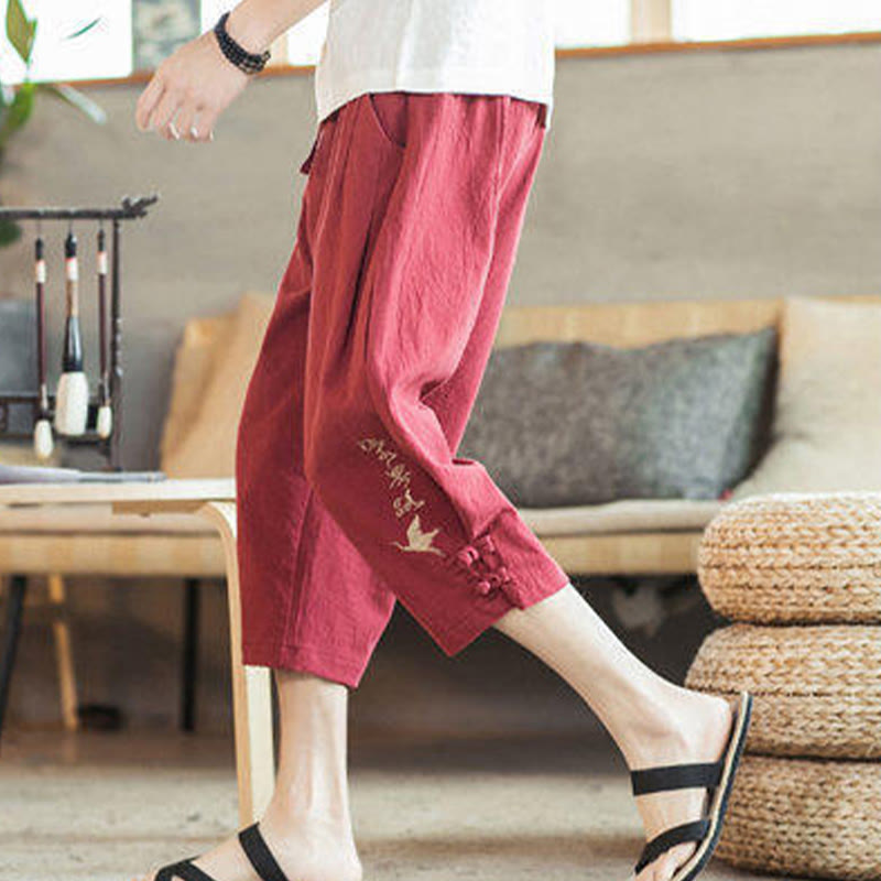 Pantalon sarouel court en coton avec poches pour homme, broderie de grues et de Buddha Stones - image 38