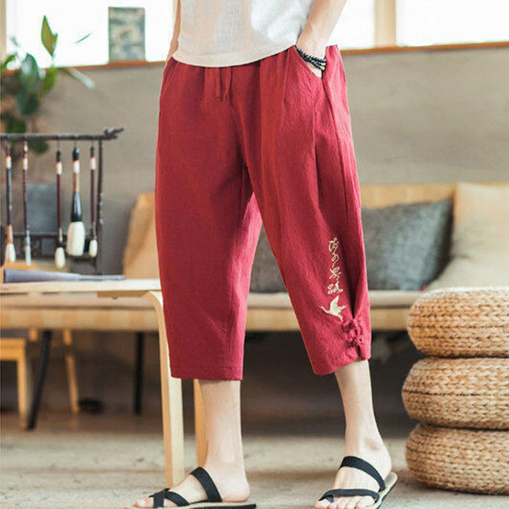 Pantalon sarouel court en coton avec poches pour homme, broderie de grues et de Buddha Stones - image 35