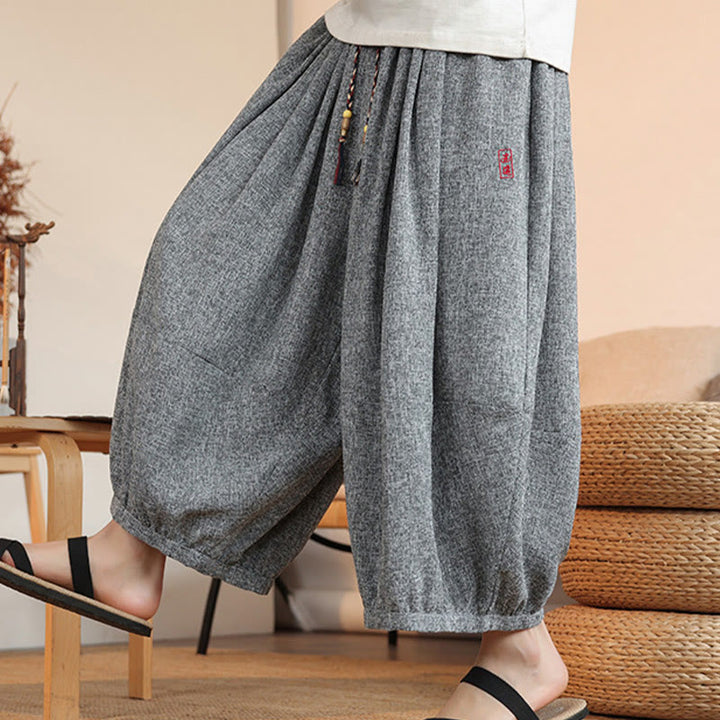Pantalon sarouel court à la cheville pour homme, avec poches et broderies de personnages d'été, motif Buddha Stones