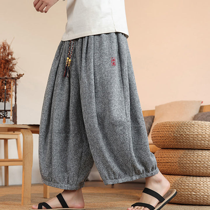 Pantalon sarouel court à la cheville pour homme, avec poches et broderies de personnages d'été, motif Buddha Stones
