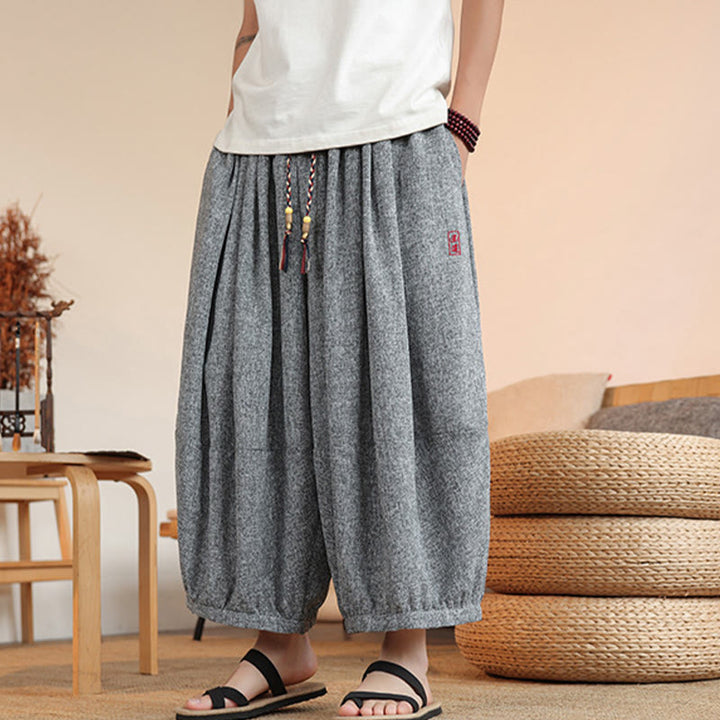 Pantalon sarouel court à la cheville pour homme, avec poches et broderies de personnages d'été, motif Buddha Stones