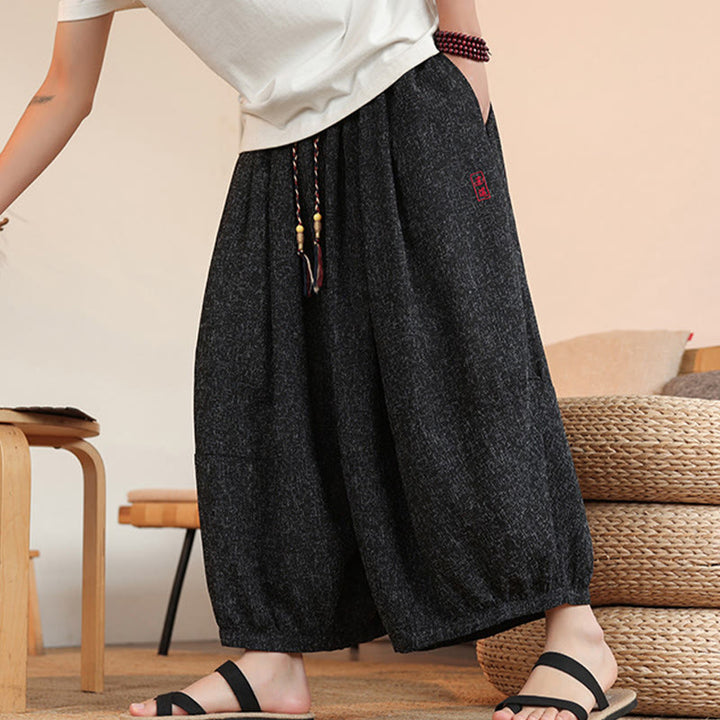 Pantalon sarouel court à la cheville pour homme, avec poches et broderies de personnages d'été, motif Buddha Stones