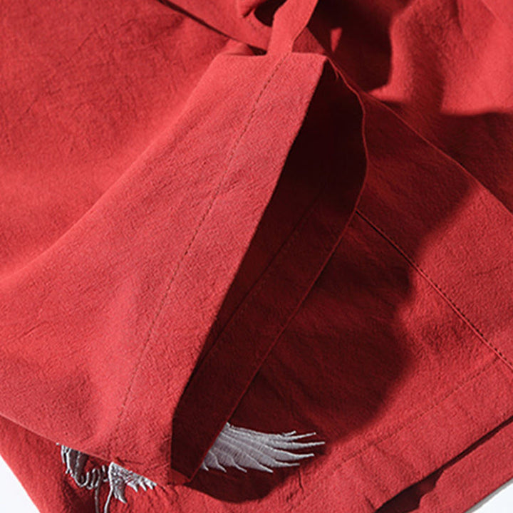 Veste kimono ouverte en coton et lin pour homme, broderie de Buddha Stones et grues blanches volantes
