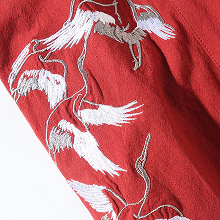 Veste kimono ouverte en coton et lin pour homme, broderie de Buddha Stones et grues blanches volantes