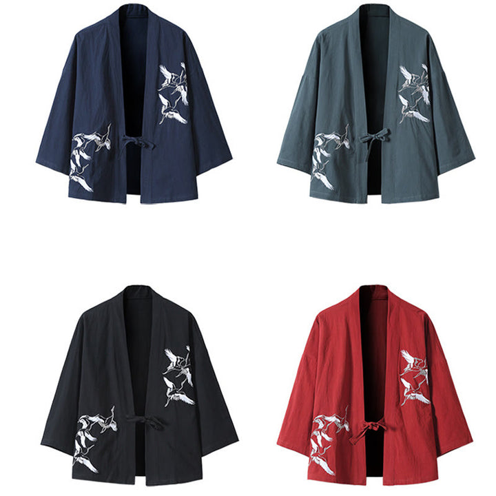 Veste kimono ouverte en coton et lin pour homme, broderie de Buddha Stones et grues blanches volantes