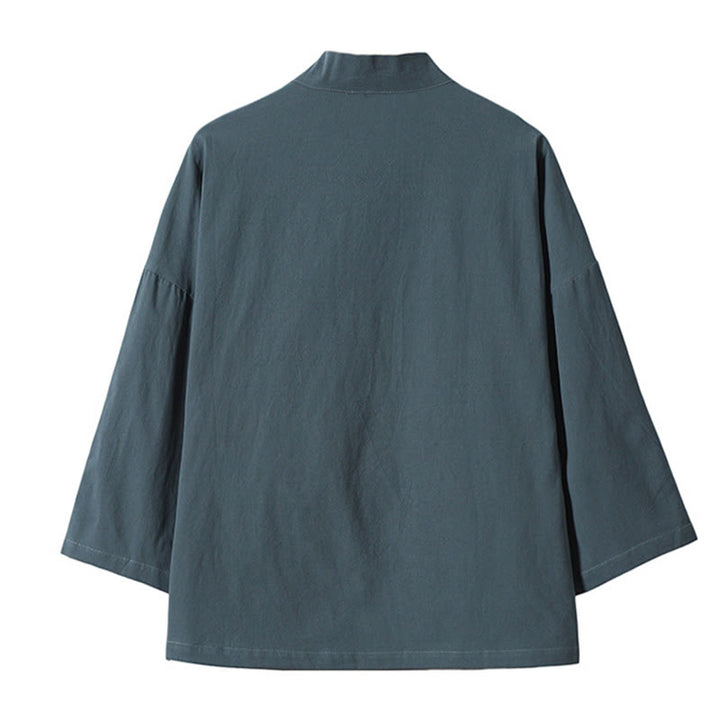 Veste kimono ouverte en coton et lin pour homme, broderie de Buddha Stones et grues blanches volantes