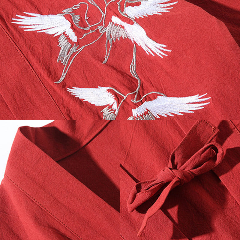 Veste kimono ouverte en coton et lin pour homme, broderie de Buddha Stones et grues blanches volantes - image 12