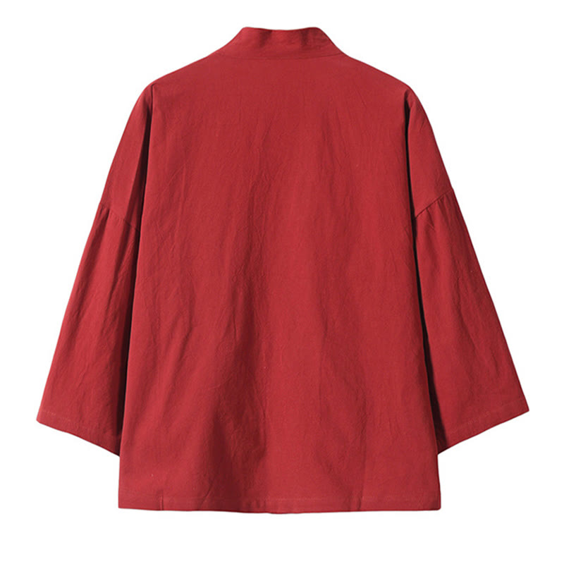 Veste kimono ouverte en coton et lin pour homme, broderie de Buddha Stones et grues blanches volantes
