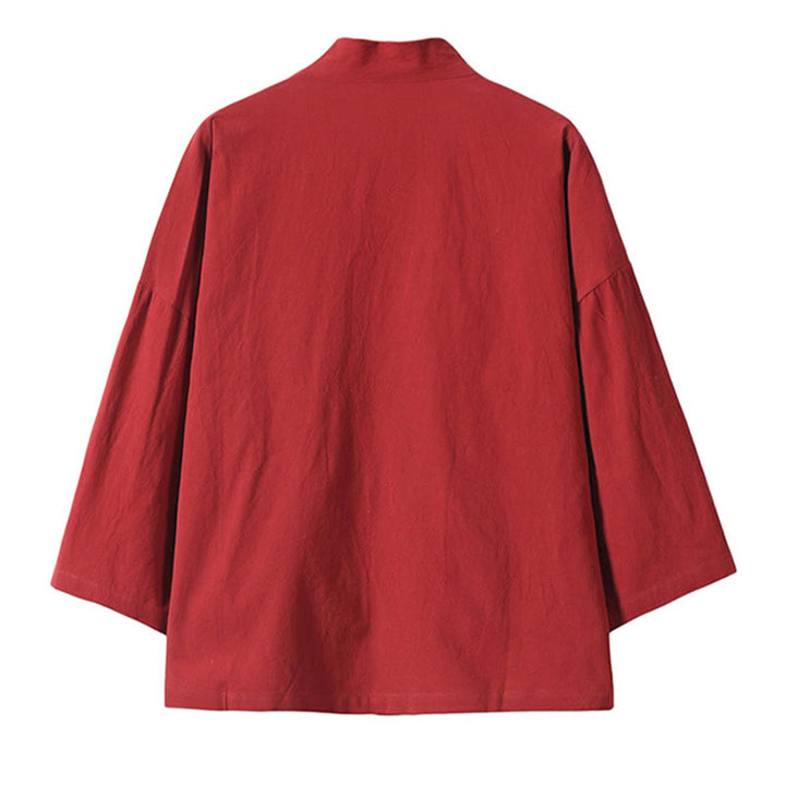 Veste kimono ouverte en coton et lin pour homme, broderie de Buddha Stones et grues blanches volantes