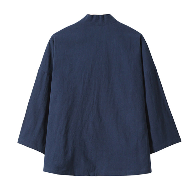 Veste kimono ouverte en coton et lin pour homme, broderie de Buddha Stones et grues blanches volantes