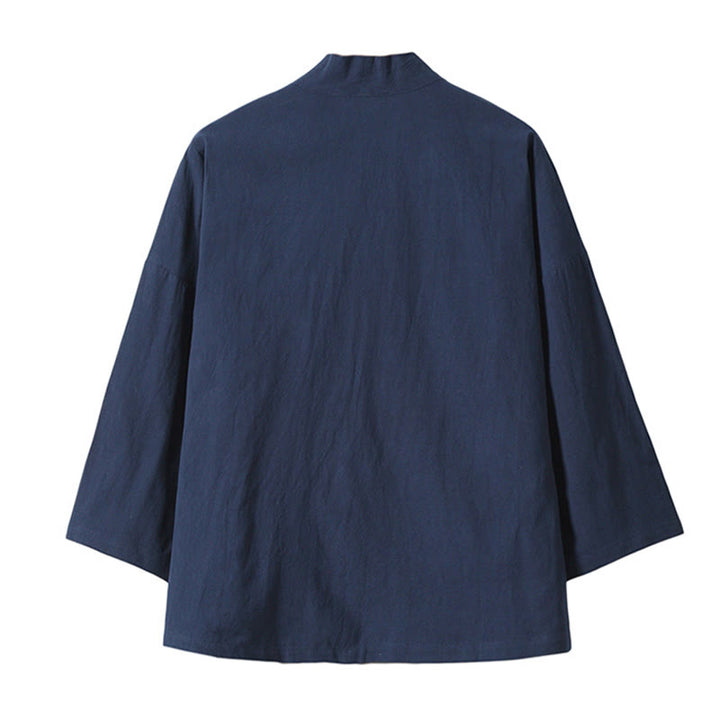 Veste kimono ouverte en coton et lin pour homme, broderie de Buddha Stones et grues blanches volantes