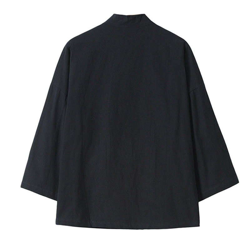 Veste kimono ouverte en coton et lin pour homme, broderie de Buddha Stones et grues blanches volantes