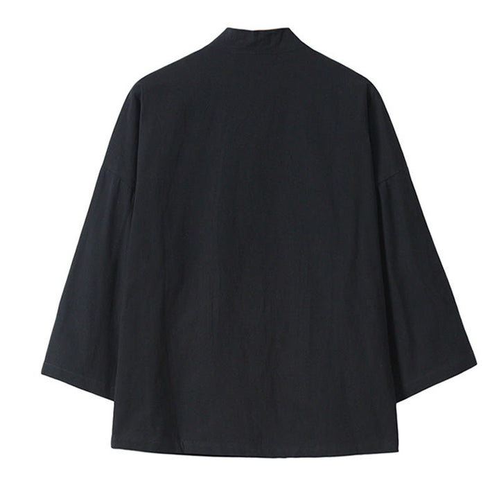 Veste kimono ouverte en coton et lin pour homme, broderie de Buddha Stones et grues blanches volantes