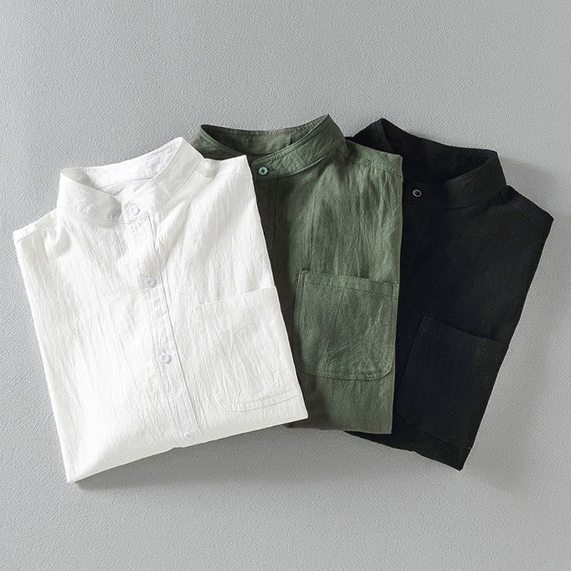 Chemise d'été en coton et lin à manches mi-longues et boutons pour homme Motif Buddha Stones - image 1