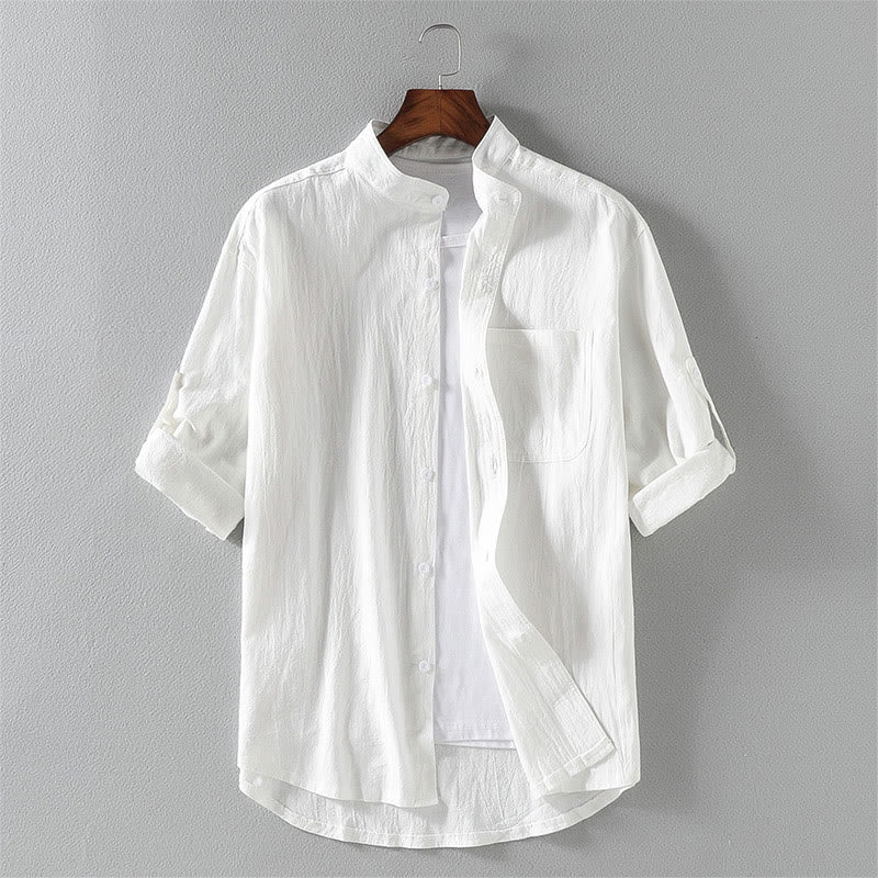 Chemise d'été en coton et lin à manches mi-longues et boutons pour homme Motif Buddha Stones - Blanc - US/UK/AU46，EU56 (5XL) - image 2