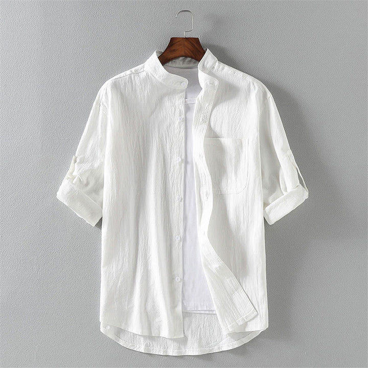 Chemise d'été en coton et lin à manches mi-longues et boutons pour homme Motif Buddha Stones - Blanc - US/UK/AU46，EU56 (5XL) - image 2
