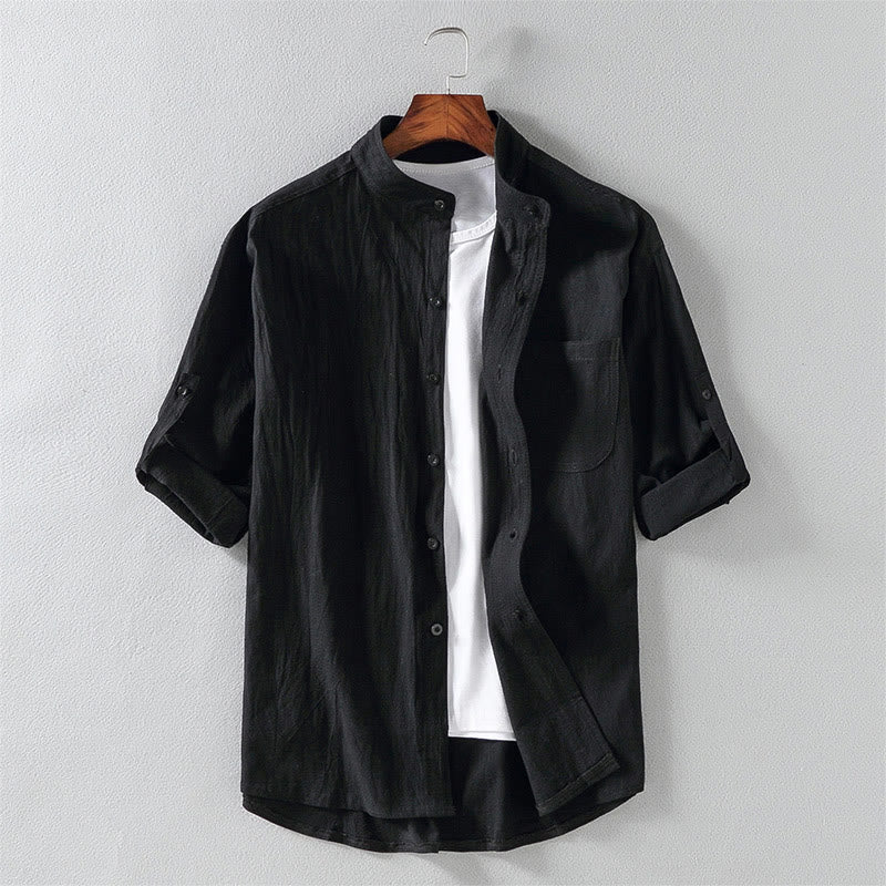 Chemise d'été en coton et lin à manches mi-longues et boutons pour homme Motif Buddha Stones - Noir - US/UK/AU46，EU56 (5XL) - image 0