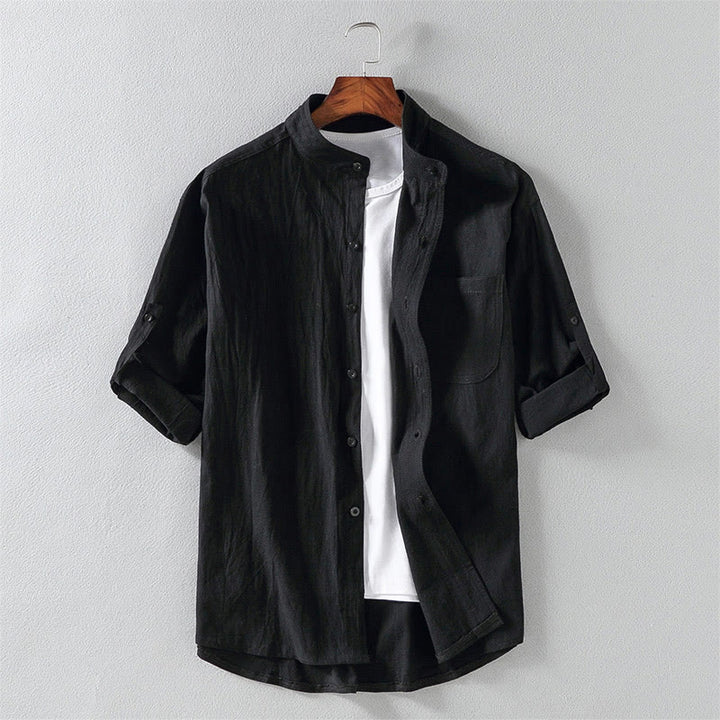 Chemise d'été en coton et lin à manches mi-longues et boutons pour homme Motif Buddha Stones - Noir - US/UK/AU46，EU56 (5XL) - image 0