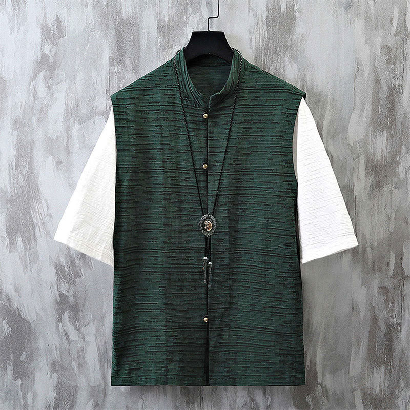 Chemise homme à manches mi-longues en coton et lin, motif patchwork de couleurs et Buddha Stones
