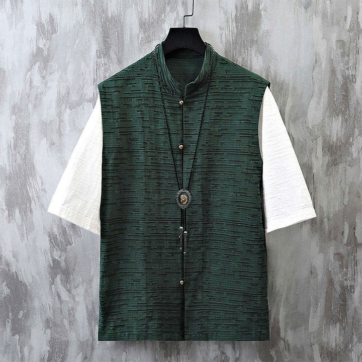 Chemise homme à manches mi-longues en coton et lin, motif patchwork de couleurs et Buddha Stones