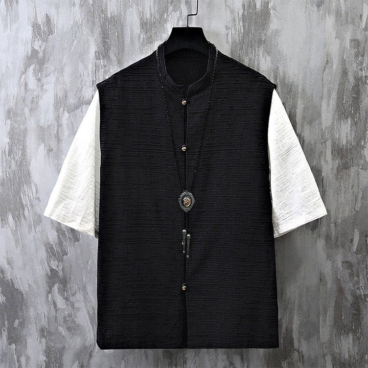 Chemise homme à manches mi-longues en coton et lin, motif patchwork de couleurs et Buddha Stones