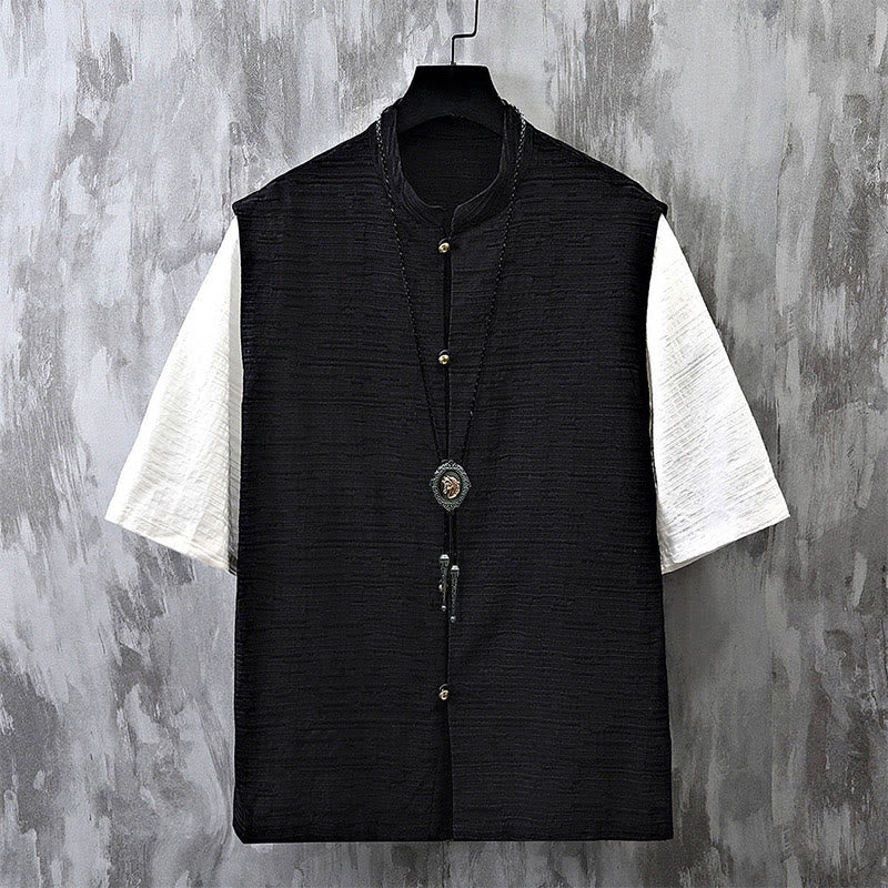 Chemise homme à manches mi-longues en coton et lin, motif patchwork de couleurs et Buddha Stones - Noir - US/UK/AU48，EU58 (6XL) - image 2