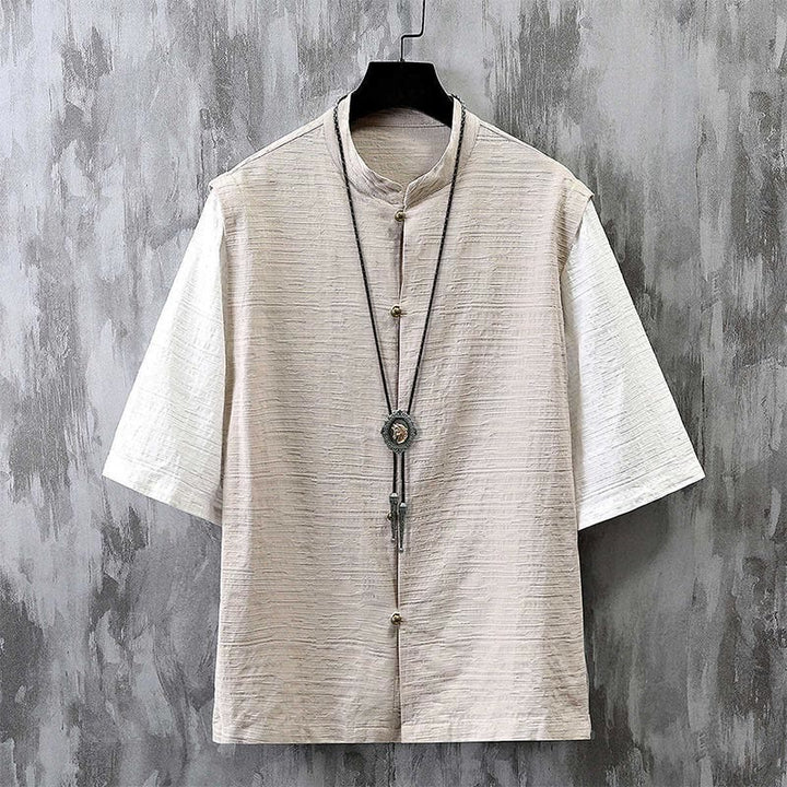Chemise homme à manches mi-longues en coton et lin, motif patchwork de couleurs et Buddha Stones