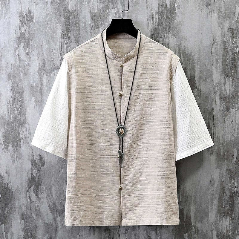 Chemise homme à manches mi-longues en coton et lin, motif patchwork de couleurs et Buddha Stones - Lin - US/UK/AU48，EU58 (6XL) - image 0