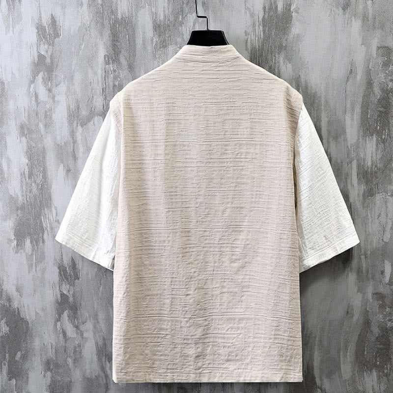 Chemise homme à manches mi-longues en coton et lin, motif patchwork de couleurs et Buddha Stones