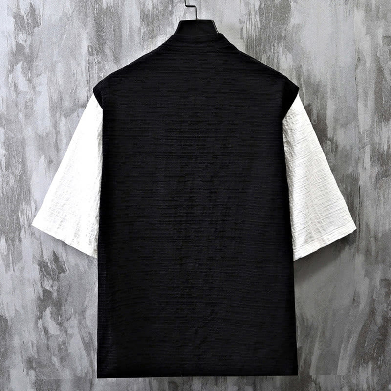 Chemise homme à manches mi-longues en coton et lin, motif patchwork de couleurs et Buddha Stones