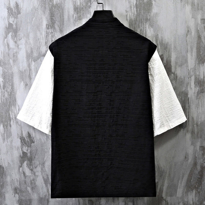Chemise homme à manches mi-longues en coton et lin, motif patchwork de couleurs et Buddha Stones