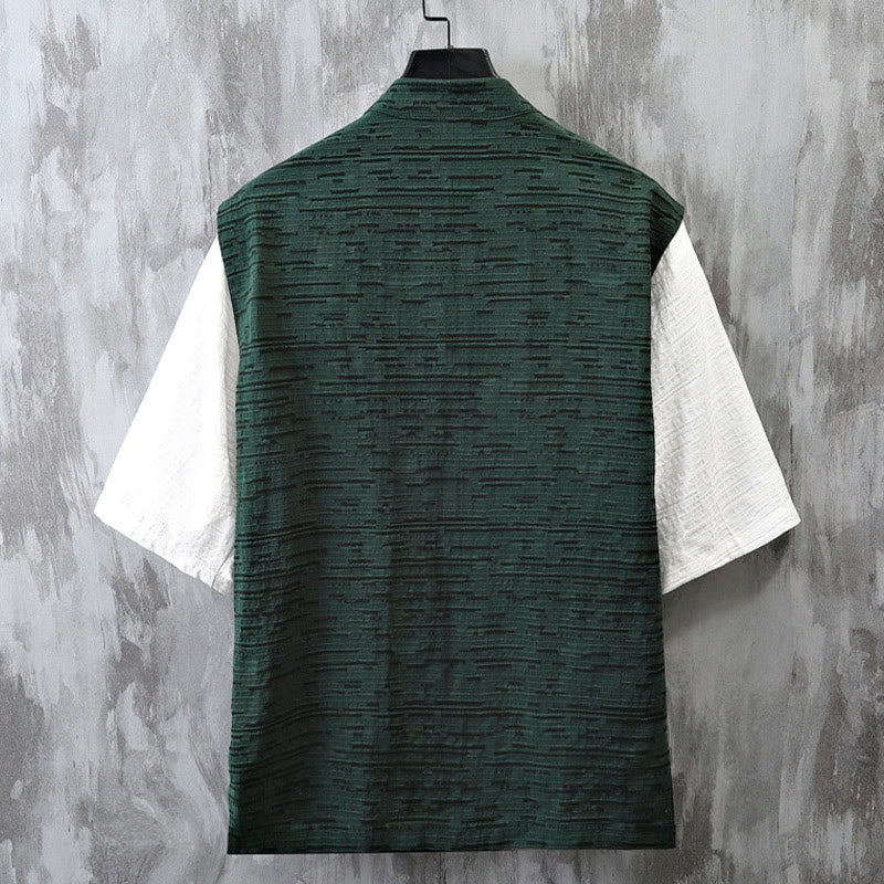 Chemise homme à manches mi-longues en coton et lin, motif patchwork de couleurs et Buddha Stones
