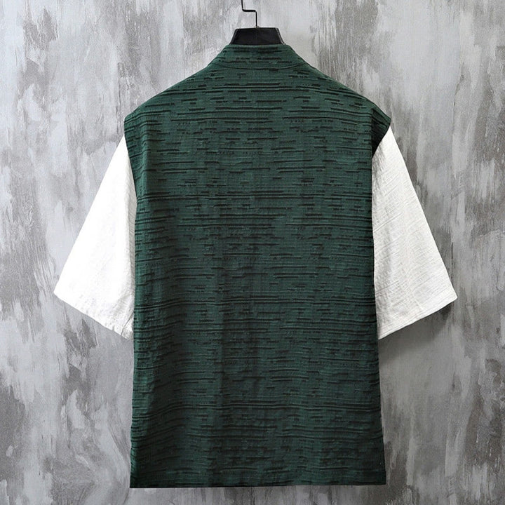 Chemise homme à manches mi-longues en coton et lin, motif patchwork de couleurs et Buddha Stones