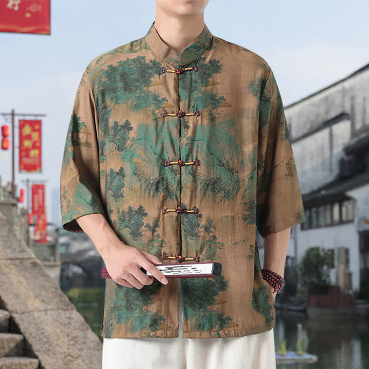 Chemise homme à manches mi-longues en coton et lin, Buddha Stones, dragon, nuages de bon augure, montagnes vertes, motif grenouille chinoise