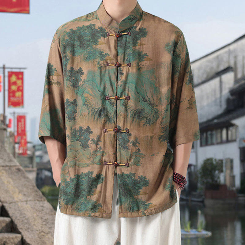 Chemise homme à manches mi-longues en coton et lin, Buddha Stones, dragon, nuages de bon augure, montagnes vertes, motif grenouille chinoise