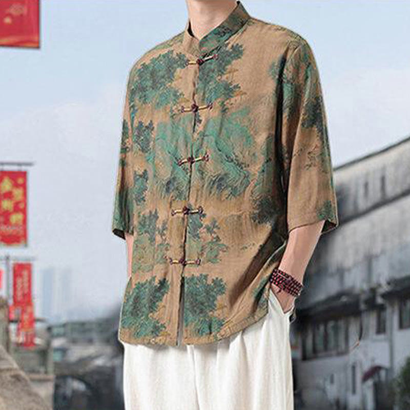 Chemise homme à manches mi-longues en coton et lin, Buddha Stones, dragon, nuages de bon augure, montagnes vertes, motif grenouille chinoise